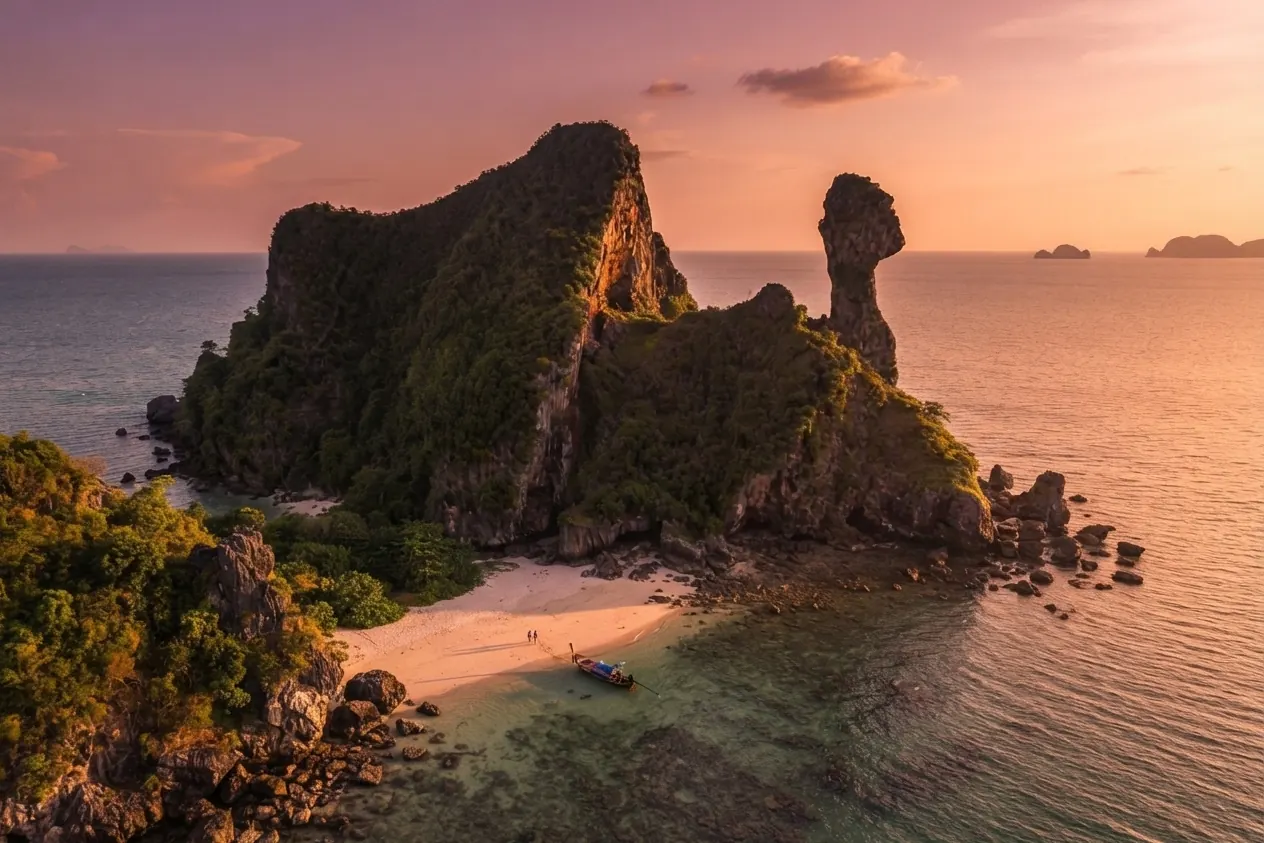Aerial view of Chicken Island (Koh Kai) and its chicken-head rock pinnacle at sunset